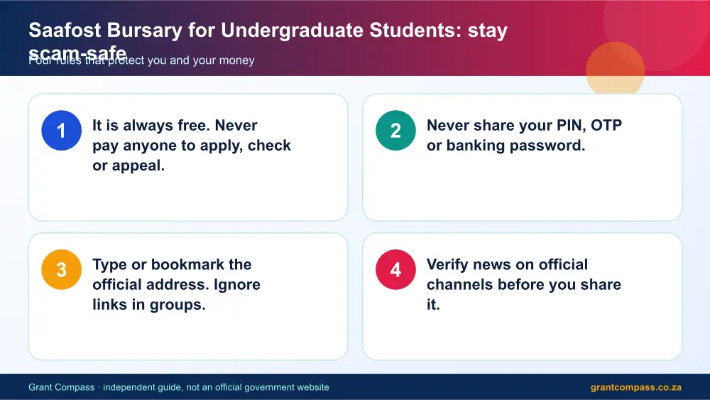 Saafost Bursary for Undergraduate Students stay safe from scams infographic – saafost bursary for undergraduate students South Africa 2026