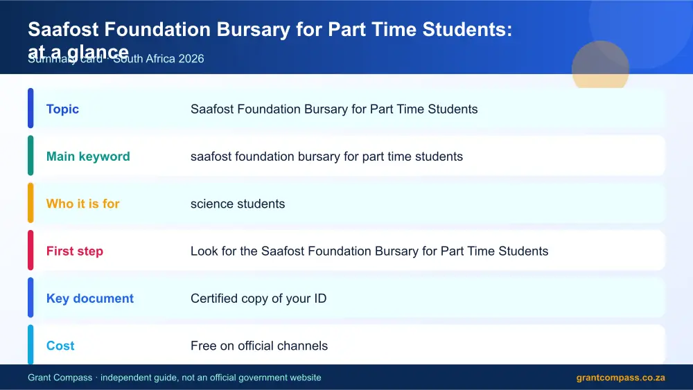 Saafost Foundation Bursary for Part Time Students at a glance summary infographic – saafost foundation bursary for part time students South Africa 2026