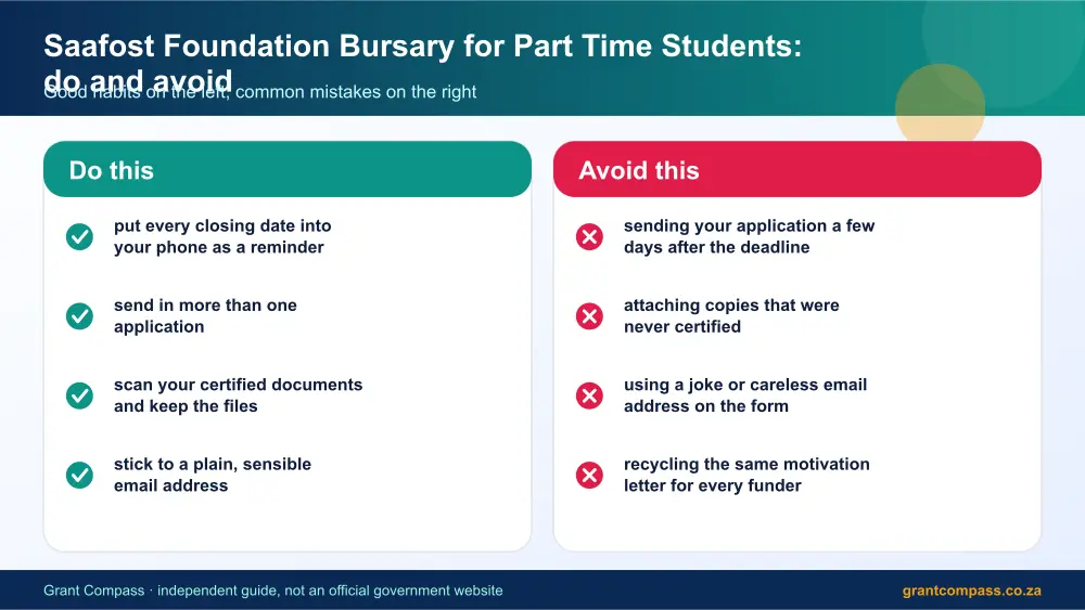 Saafost Foundation Bursary for Part Time Students dos and donts infographic – saafost foundation bursary for part time students South Africa 2026