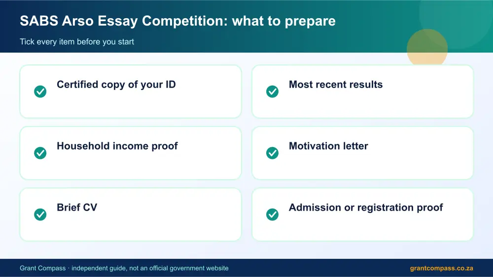 SABS Arso Essay Competition documents checklist infographic – sabs arso essay competition bursary South Africa 2026