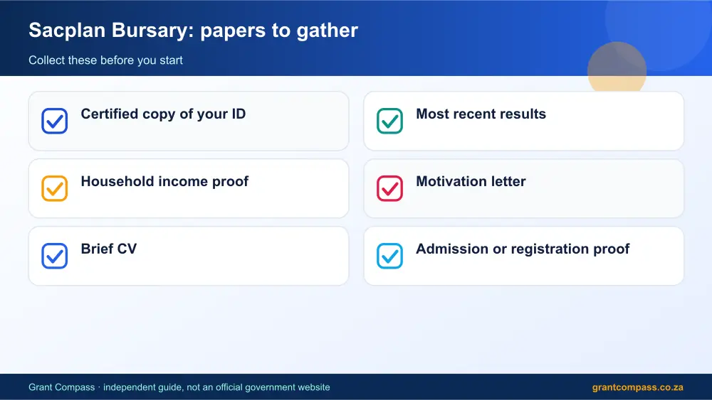 Sacplan Bursary required papers tick list infographic – sacplan bursary South Africa 2026