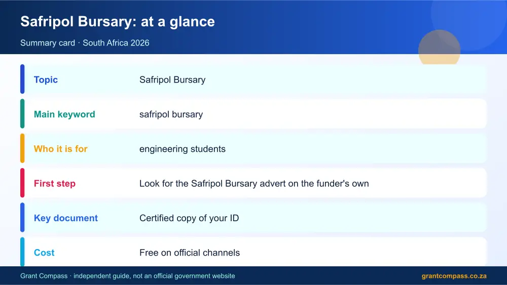 Safripol Bursary at a glance summary infographic – safripol bursary South Africa 2026