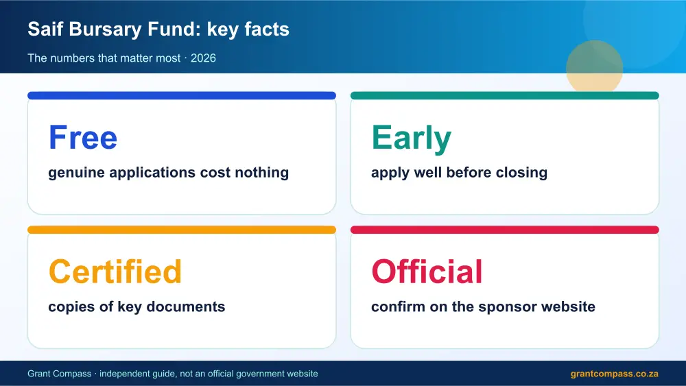 Saif Bursary Fund key facts at a glance infographic – saif bursary fund South Africa 2026