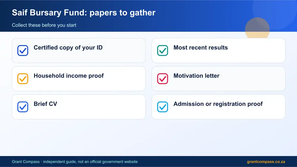 Saif Bursary Fund required papers tick list infographic – saif bursary fund South Africa 2026