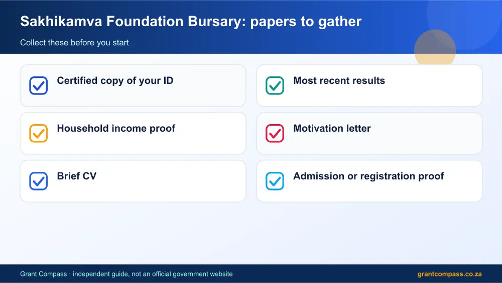 Sakhikamva Foundation Bursary required papers tick list infographic – sakhikamva foundation bursary South Africa 2026