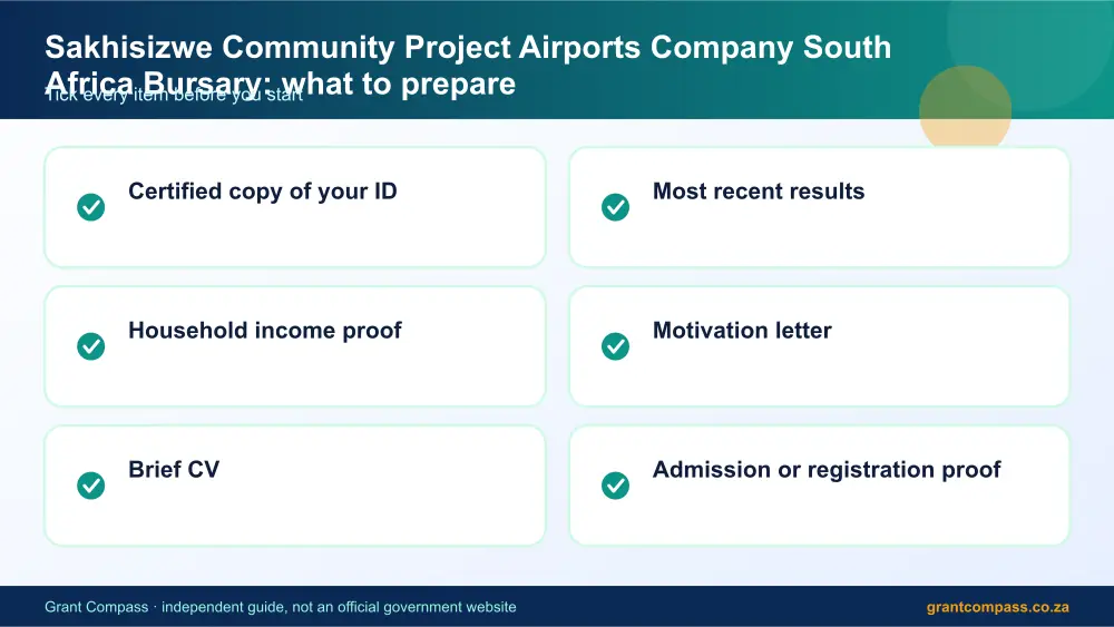Sakhisizwe Community Project Airports Company South Africa Bursary documents checklist infographic – sakhisizwe community project airports company bursary South Africa 2026