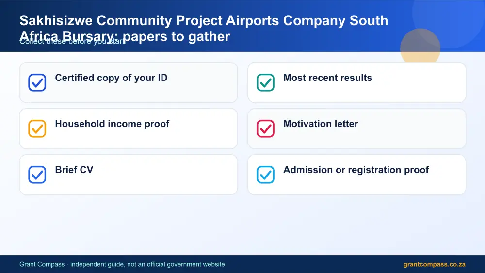 Sakhisizwe Community Project Airports Company South Africa Bursary required papers tick list infographic – sakhisizwe community project airports company bursary South Africa 2026