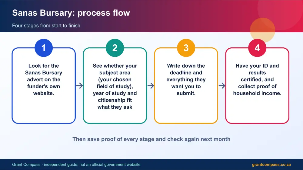 Sanas Bursary process flow chart infographic – sana bursary South Africa 2026