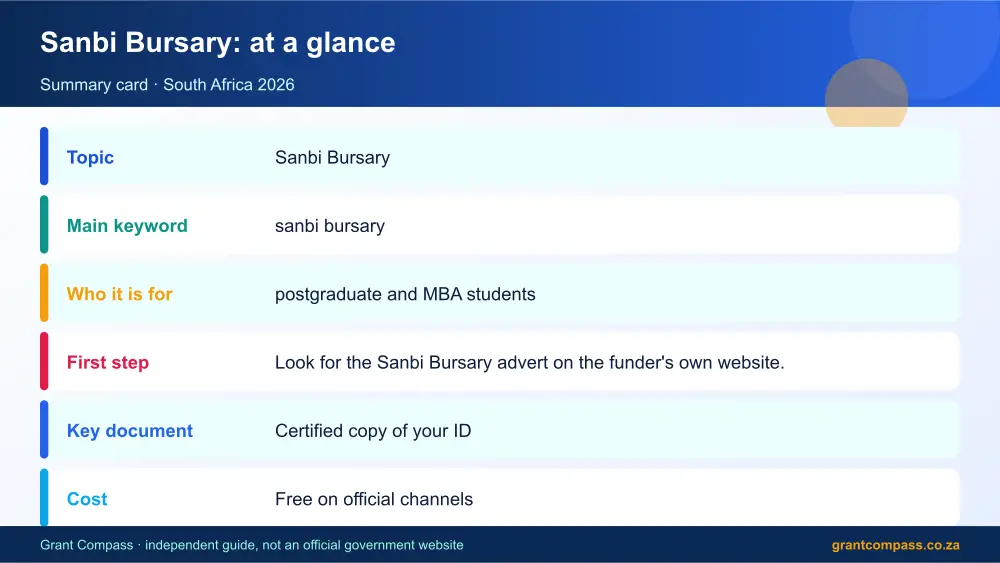 Sanbi Bursary at a glance summary infographic – sanbi bursary South Africa 2026