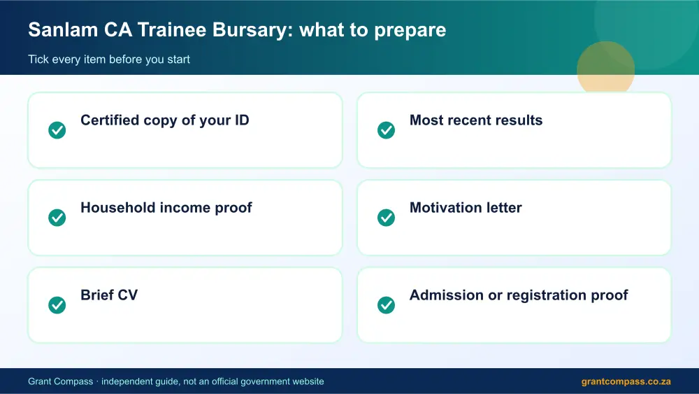 Sanlam CA Trainee Bursary documents checklist infographic – sanlam ca trainee bursary South Africa 2026