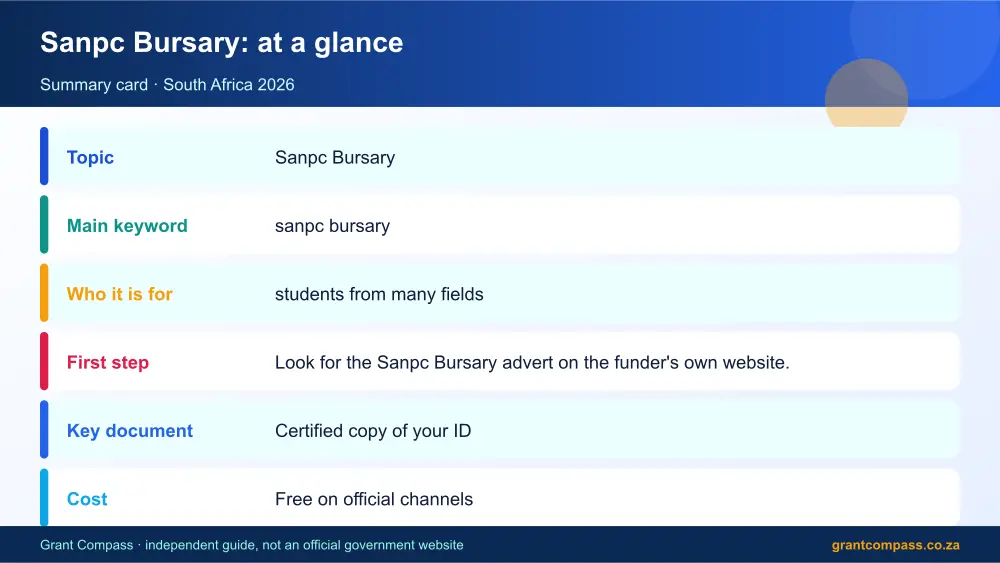Sanpc Bursary at a glance summary infographic – sanpc bursary South Africa 2026