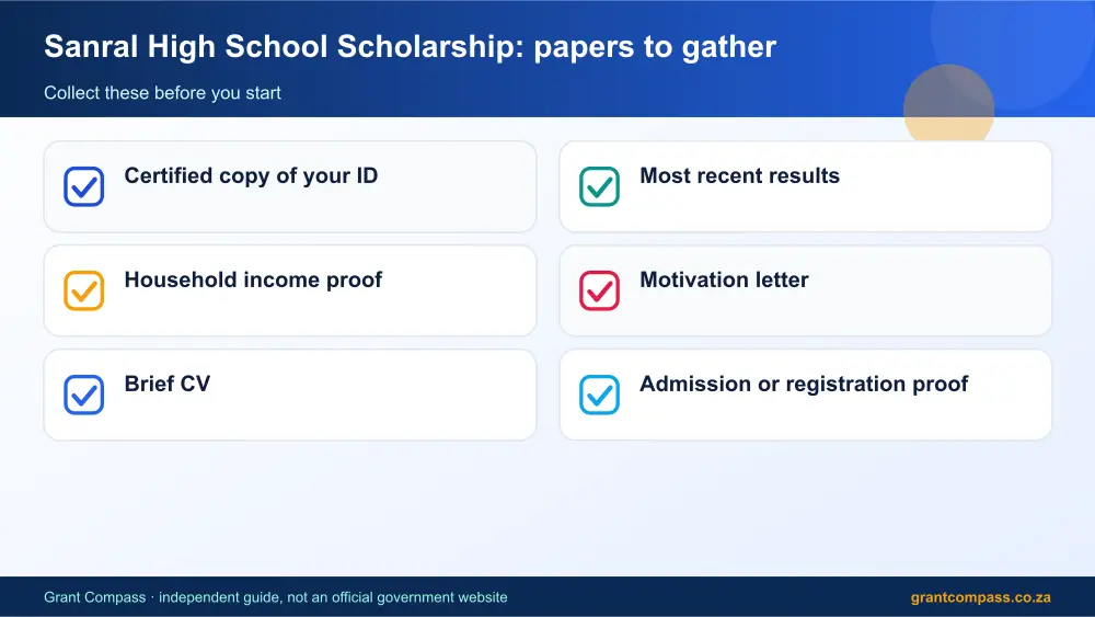 Sanral High School Scholarship required papers tick list infographic – sanral high school scholarship South Africa 2026