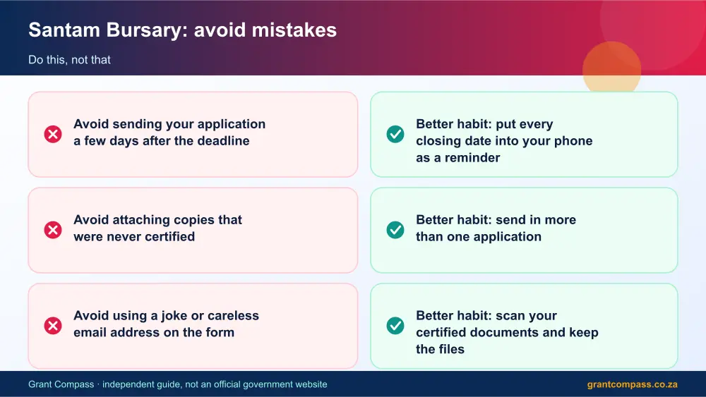 Santam Bursary mistakes to avoid and tips infographic – santam bursary South Africa 2026