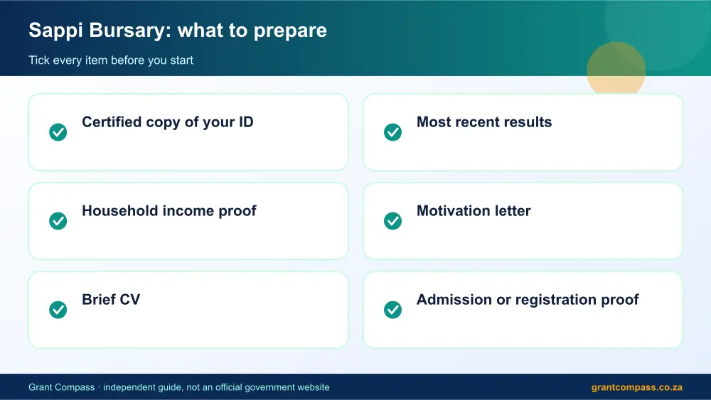 Sappi Bursary documents checklist infographic – sappi bursary South Africa 2026