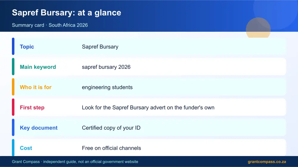 Sapref Bursary at a glance summary infographic – sapref bursary 2026 South Africa 2026
