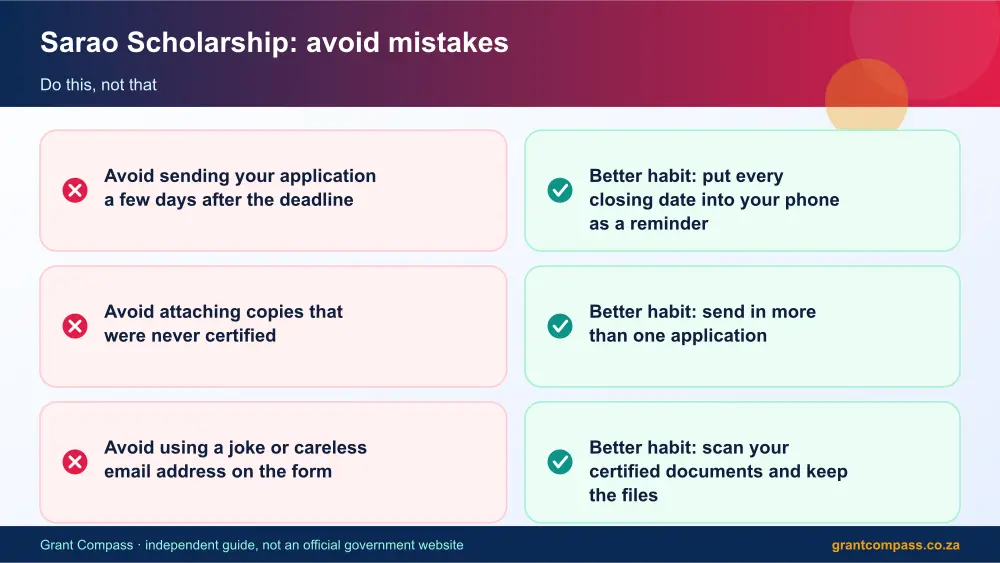 Sarao Scholarship mistakes to avoid and tips infographic – sarao bursary South Africa 2026