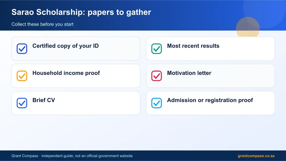 Sarao Scholarship required papers tick list infographic – sarao bursary South Africa 2026