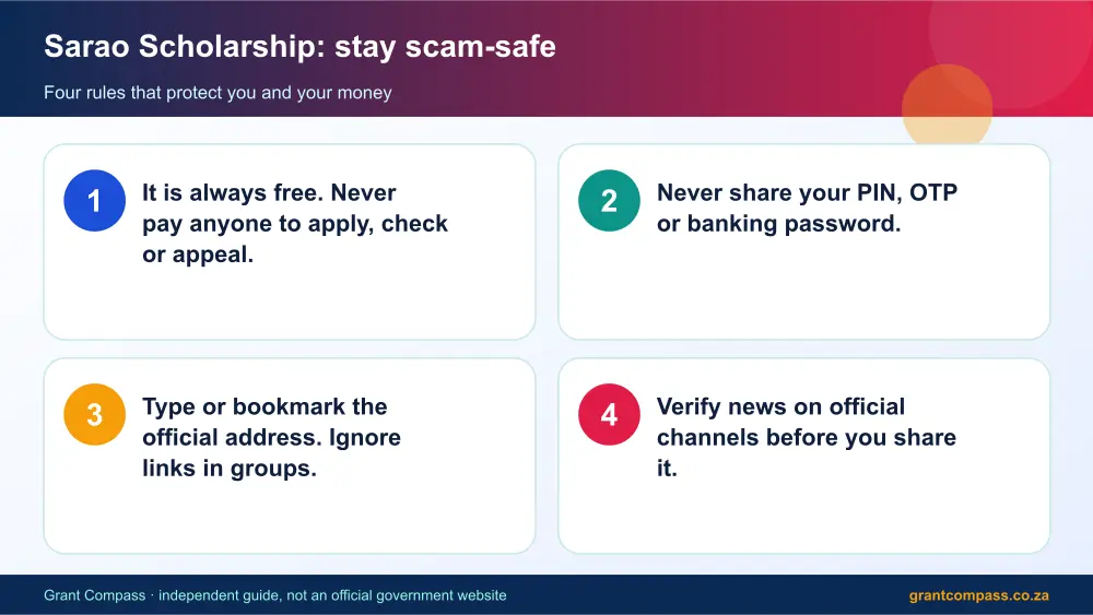 Sarao Scholarship stay safe from scams infographic – sarao bursary South Africa 2026
