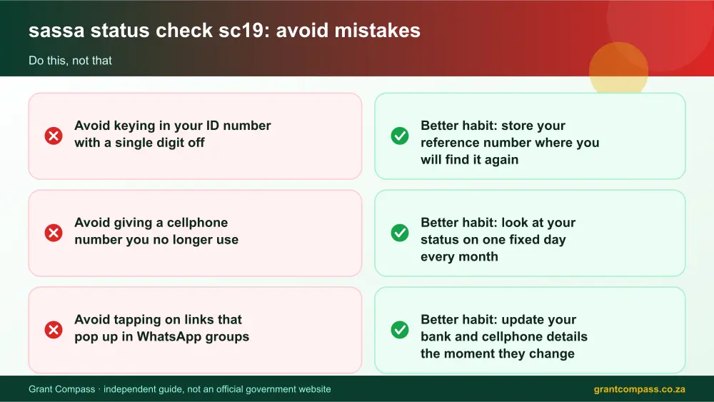 sassa status check sc19 mistakes to avoid and tips infographic – sassa status check sc19 South Africa 2026