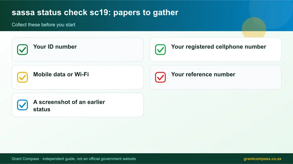 sassa status check sc19 required papers tick list infographic – sassa status check sc19 South Africa 2026