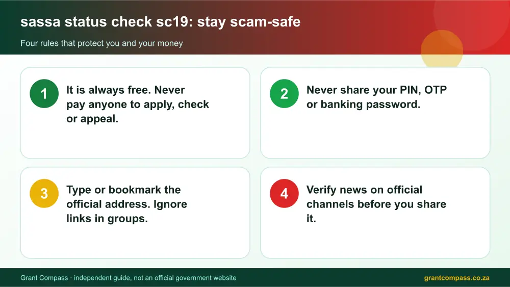 sassa status check sc19 stay safe from scams infographic – sassa status check sc19 South Africa 2026