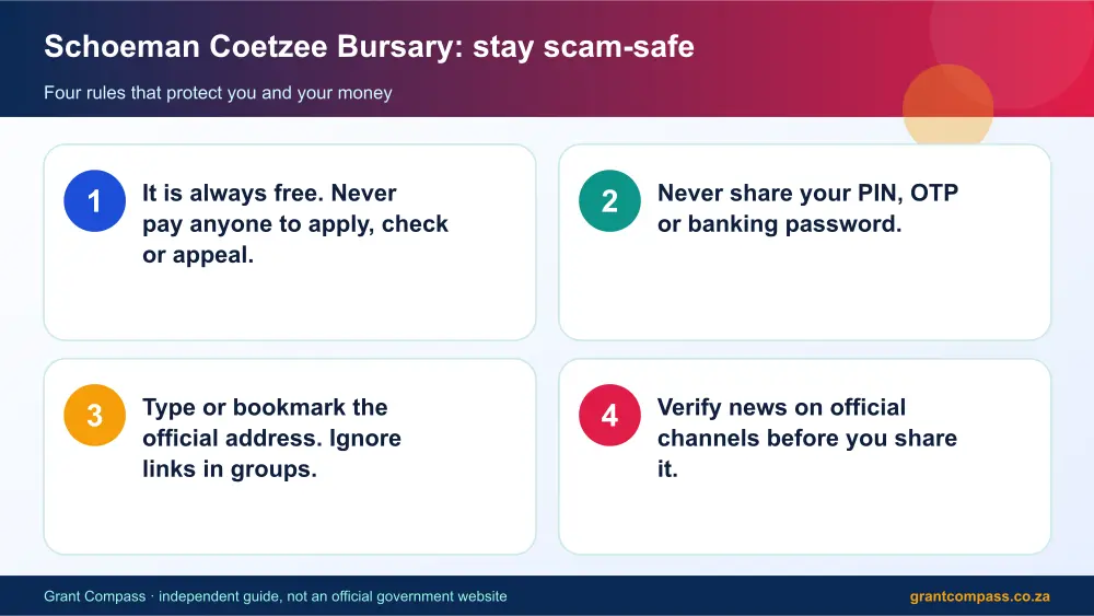 Schoeman Coetzee Bursary stay safe from scams infographic – schoeman coetzee bursary South Africa 2026