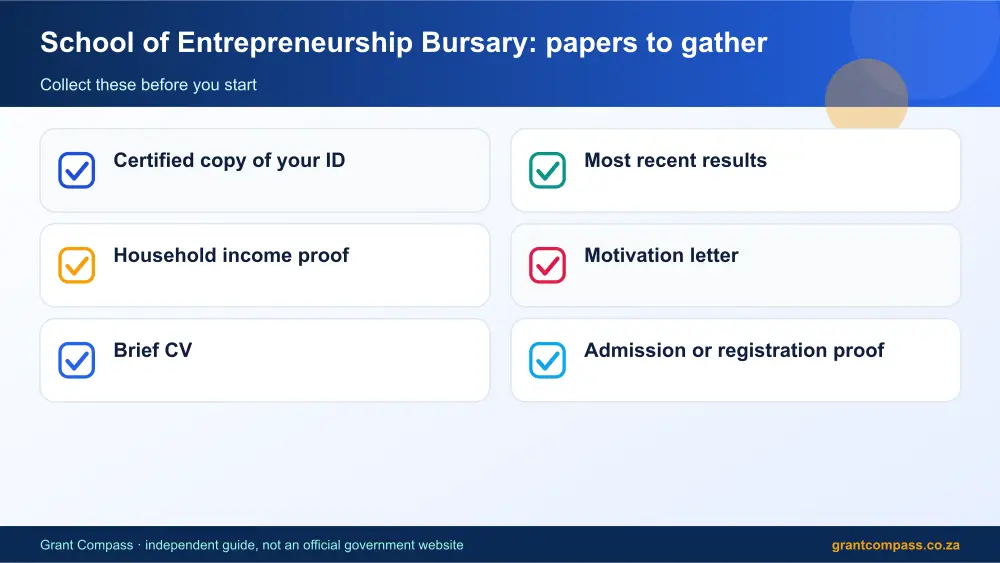School of Entrepreneurship Bursary required papers tick list infographic – school of entrepreneurship bursary South Africa 2026