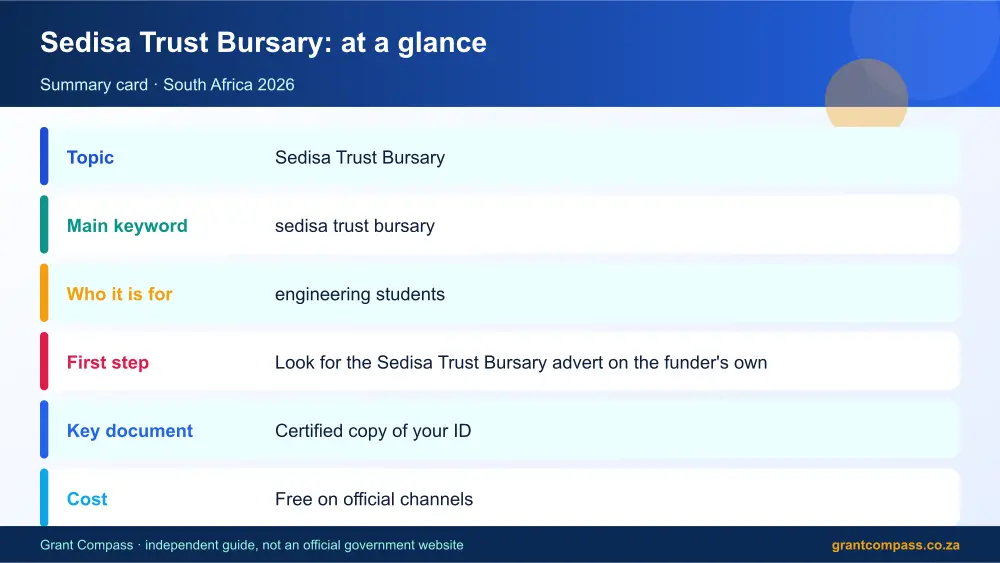 Sedisa Trust Bursary at a glance summary infographic – sedisa trust bursary South Africa 2026