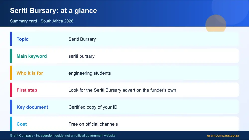 Seriti Bursary at a glance summary infographic – seriti bursary South Africa 2026
