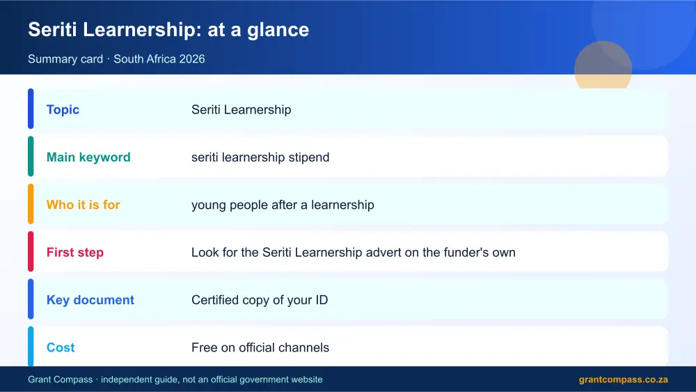 Seriti Learnership at a glance summary infographic – seriti learnership stipend South Africa 2026