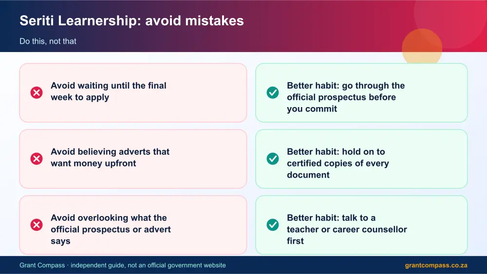 Seriti Learnership mistakes to avoid and tips infographic – seriti learnership stipend South Africa 2026