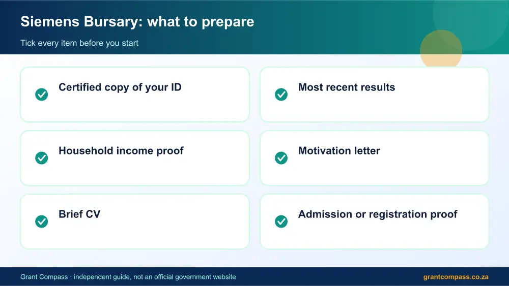 Siemens Bursary documents checklist infographic – siemens bursary South Africa 2026