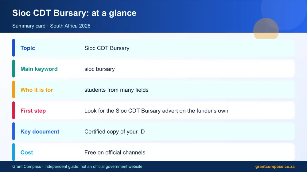Sioc CDT Bursary at a glance summary infographic – sioc bursary South Africa 2026