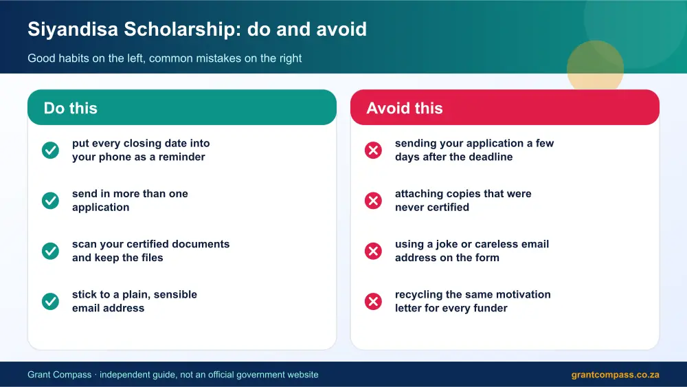 Siyandisa Scholarship dos and donts infographic – siyandisa scholarship bursary South Africa 2026
