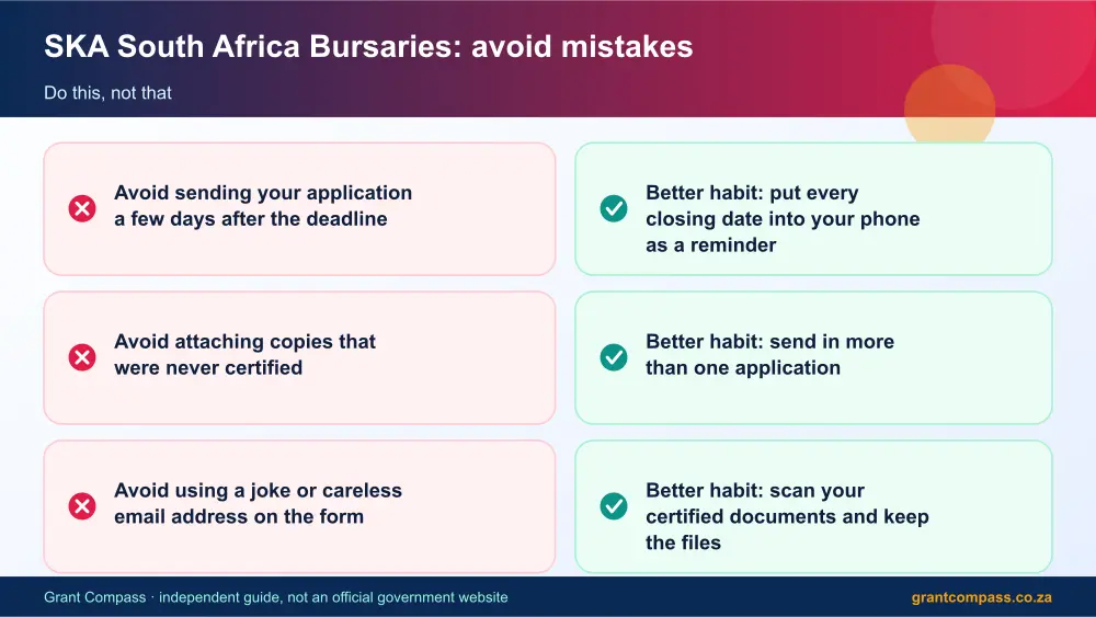 SKA South Africa Bursaries mistakes to avoid and tips infographic – ska bursaries South Africa 2026