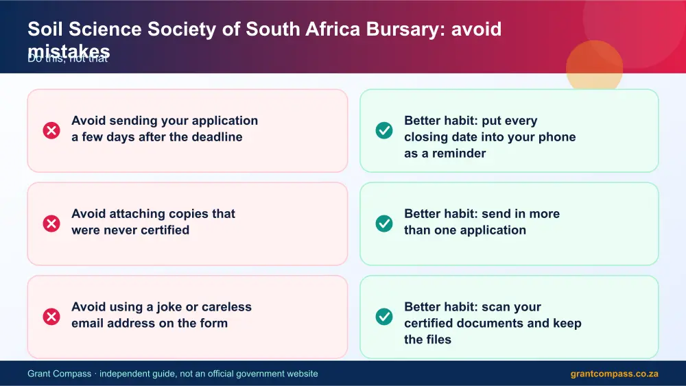 Soil Science Society of South Africa Bursary mistakes to avoid and tips infographic – soil science society of bursary South Africa 2026