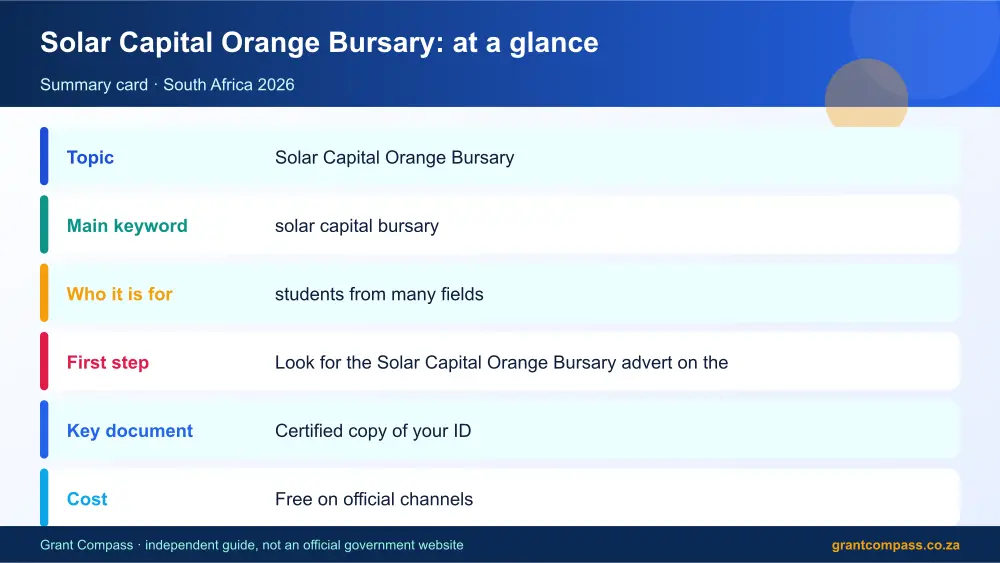 Solar Capital Orange Bursary at a glance summary infographic – solar capital bursary South Africa 2026