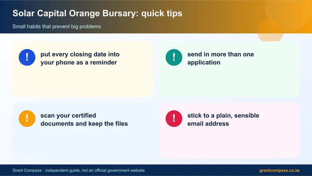 Solar Capital Orange Bursary quick tips cards infographic – solar capital bursary South Africa 2026