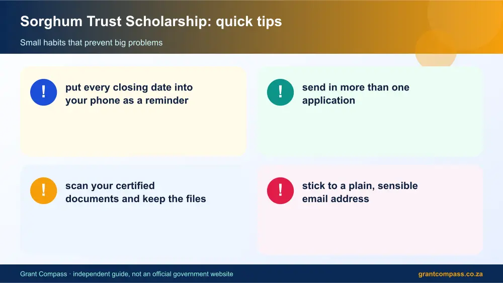 Sorghum Trust Scholarship quick tips cards infographic – sorghum trust scholarship bursary South Africa 2026