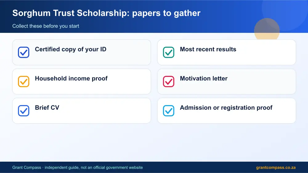 Sorghum Trust Scholarship required papers tick list infographic – sorghum trust scholarship bursary South Africa 2026