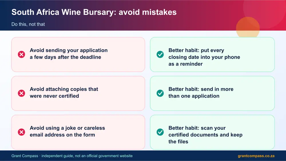 South Africa Wine Bursary mistakes to avoid and tips infographic – wine bursary South Africa 2026