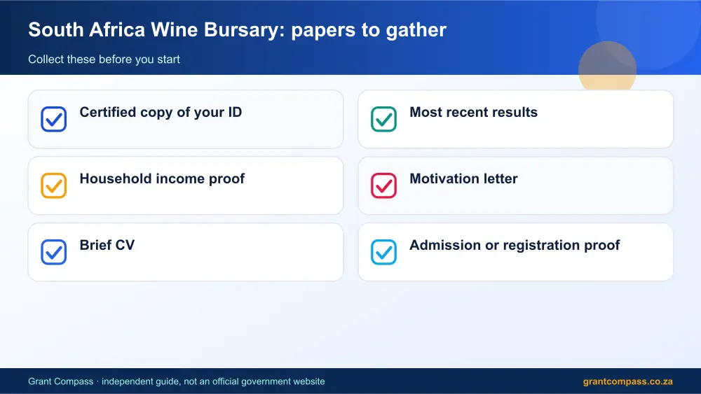 South Africa Wine Bursary required papers tick list infographic – wine bursary South Africa 2026