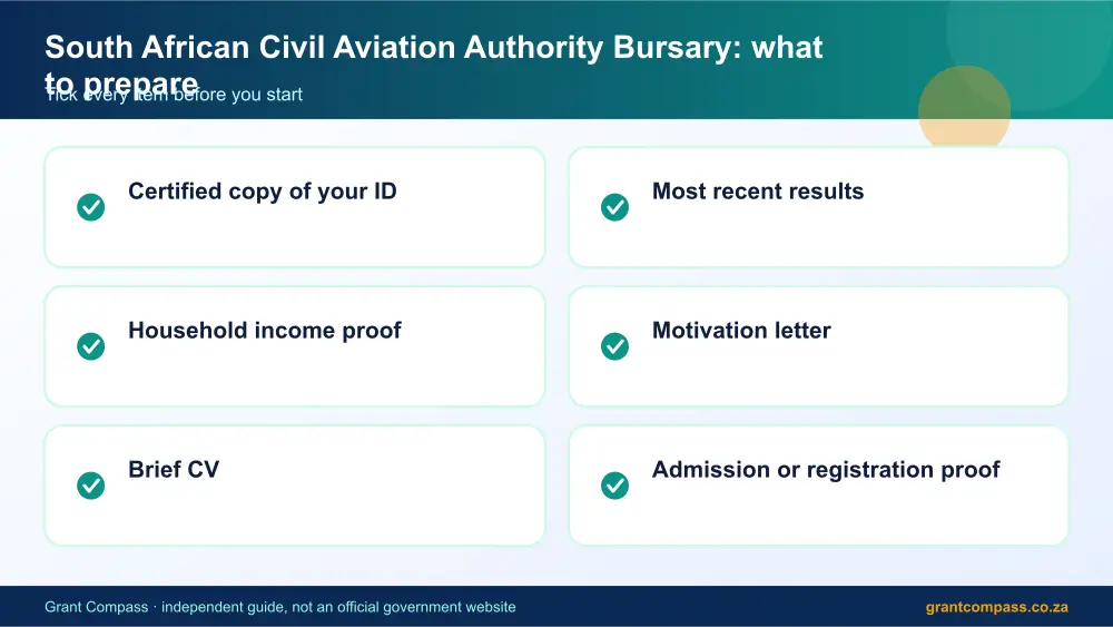 South African Civil Aviation Authority Bursary documents checklist infographic – pilot bursaries in south africa South Africa 2026