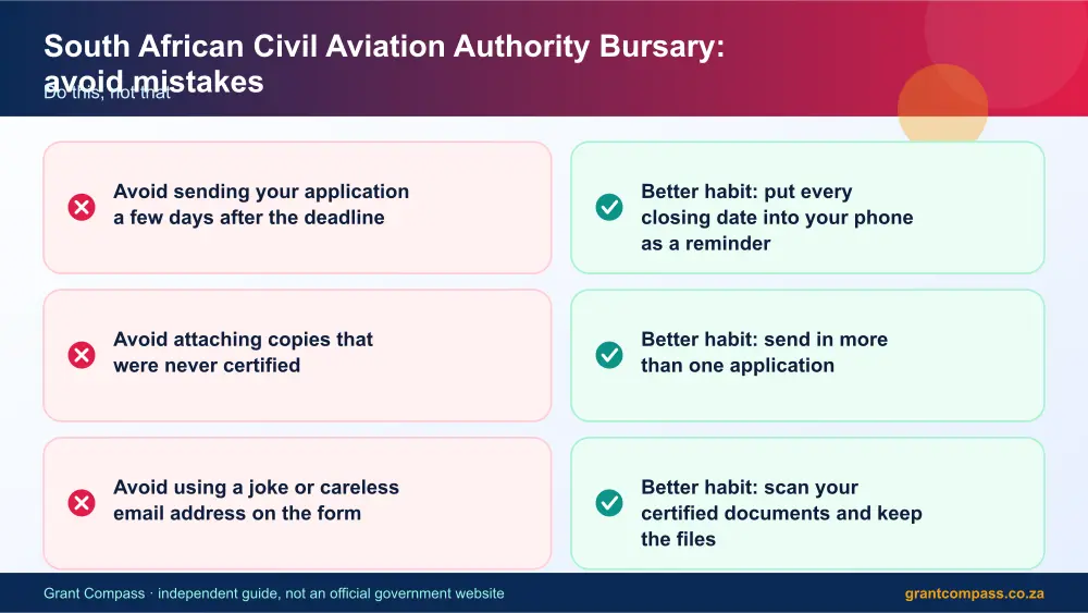 South African Civil Aviation Authority Bursary mistakes to avoid and tips infographic – pilot bursaries in south africa South Africa 2026
