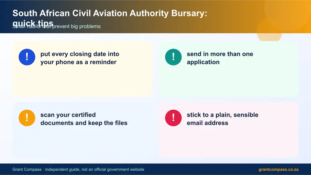 South African Civil Aviation Authority Bursary quick tips cards infographic – pilot bursaries in south africa South Africa 2026