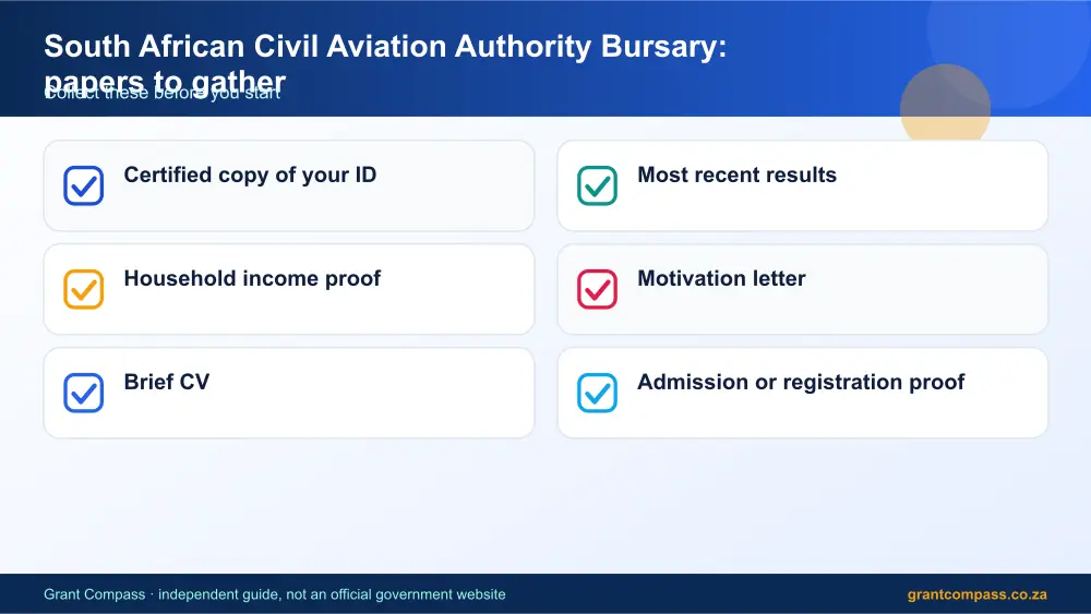 South African Civil Aviation Authority Bursary required papers tick list infographic – pilot bursaries in south africa South Africa 2026