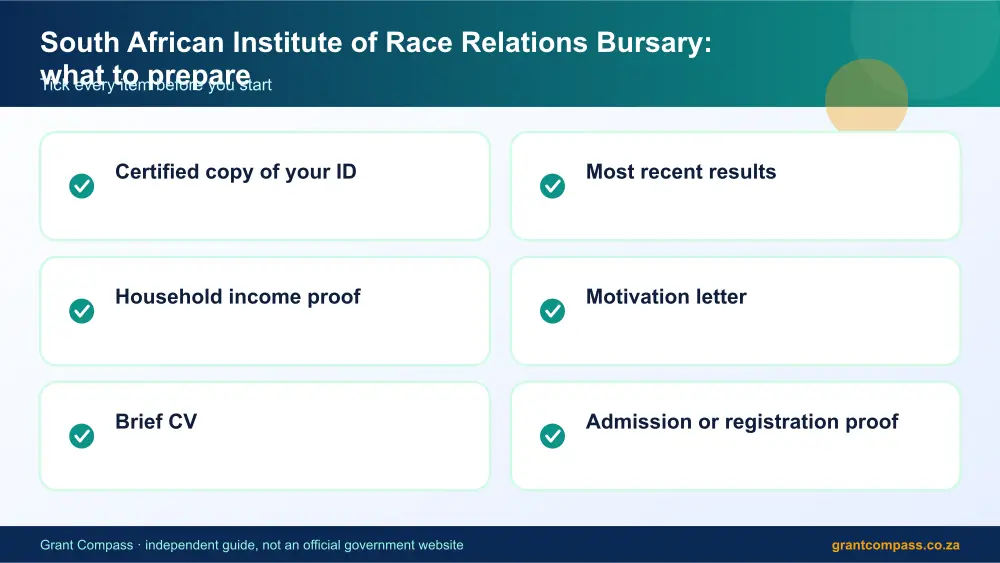 South African Institute of Race Relations Bursary documents checklist infographic – south african institute of race relations bursary South Africa 2026