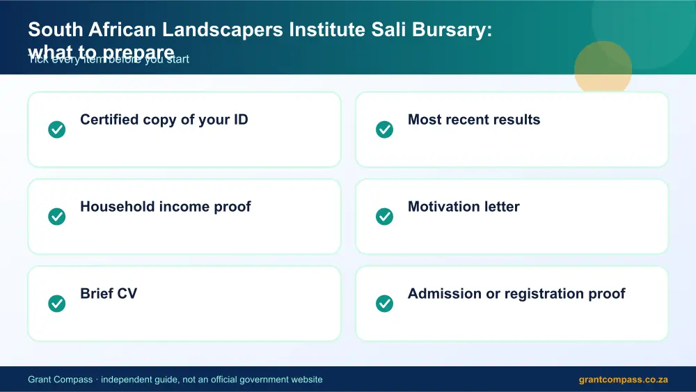 South African Landscapers Institute Sali Bursary documents checklist infographic – south african landscapers institute sali bursary South Africa 2026