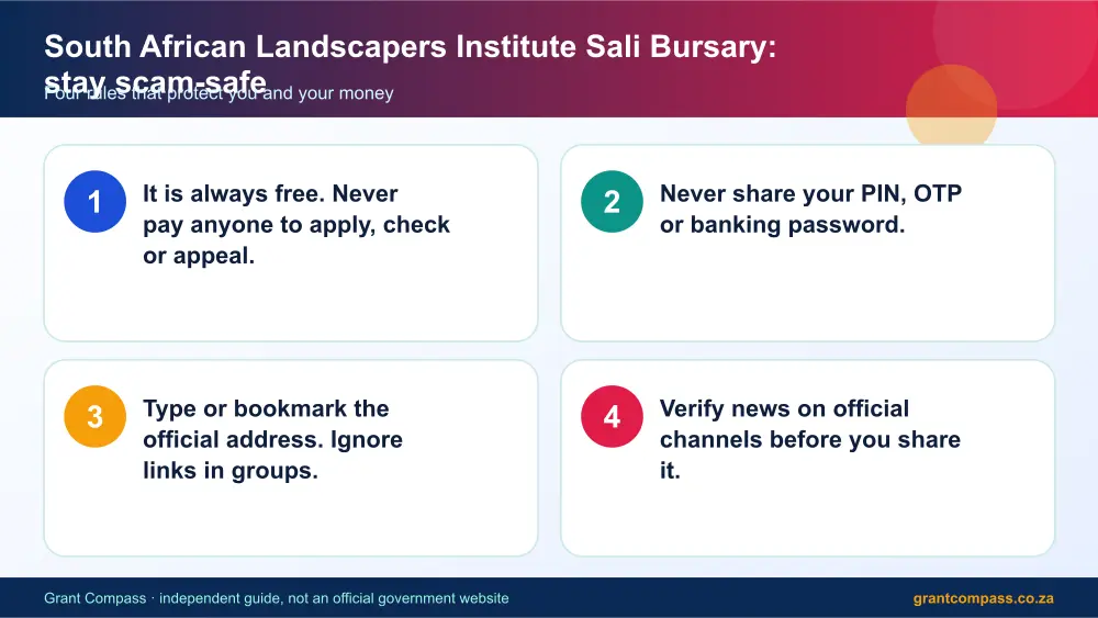South African Landscapers Institute Sali Bursary stay safe from scams infographic – south african landscapers institute sali bursary South Africa 2026