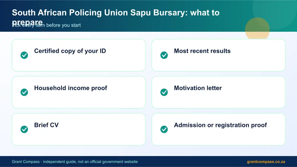 South African Policing Union Sapu Bursary documents checklist infographic – saps bursary South Africa 2026